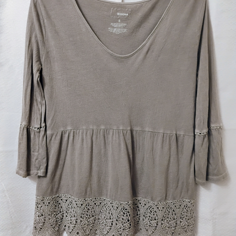 Sonoma Women's 3/4 Bell Sleeve Babydoll Shirt With Crochet Lace Trim